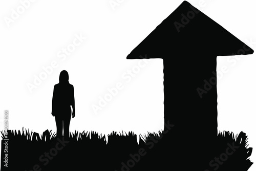 Person Standing at Giant Arrow Pointing Up Representing Growth