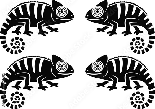 Four black chameleon silhouettes arranged symmetrically on white background
