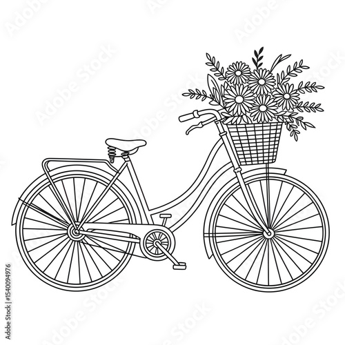 Elegant black and white line art illustration of a bicycle with a basket overflowing with beautiful flowers