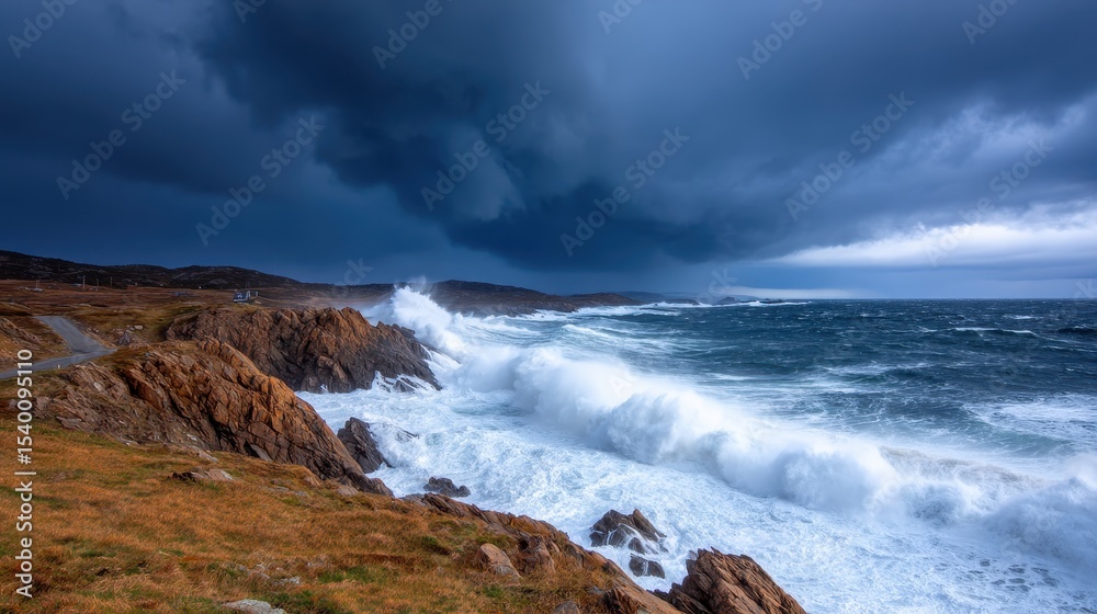 Obraz premium Dramatic coastal scene with crashing waves and dark storm clouds over rocky shoreline