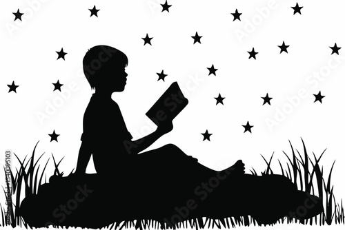 Child Reading a Book Under Starry Sky Sparked by Imagination