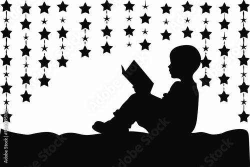 Child Reading a Book Under Starry Sky Sparked by Imagination