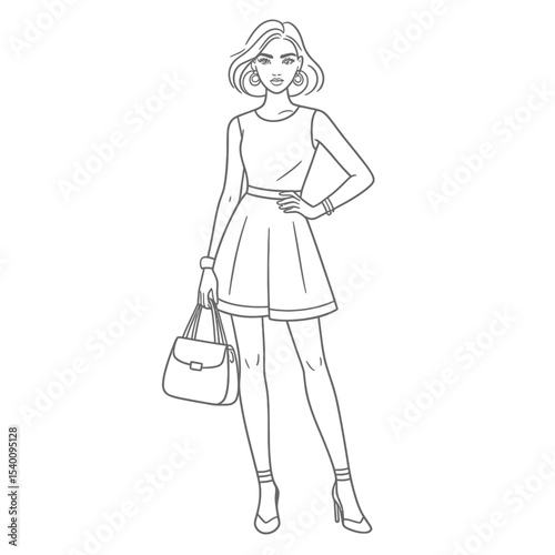 Elegant fashion illustration of a stylish woman in a dress holding a handbag and posing with confidence in a trendy outfit for fashion design inspiration