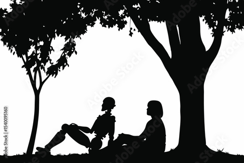 Robot and Human Sitting Together Under Tree in Silent Bond