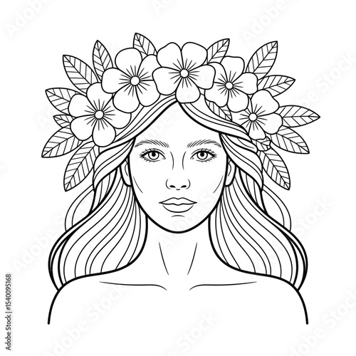 Elegant illustration of a woman adorned with a floral crown perfect for coloring pages and artistic designs exploring beauty and nature