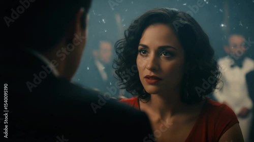 Woman In Red Dress Looking With Focused Expression In Low Key Lighting With Dark Background