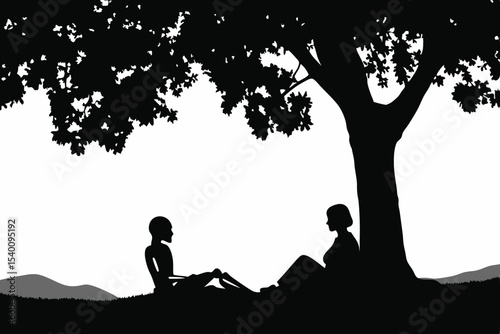 Robot and Human Sitting Together Under Tree in Silent Bond
