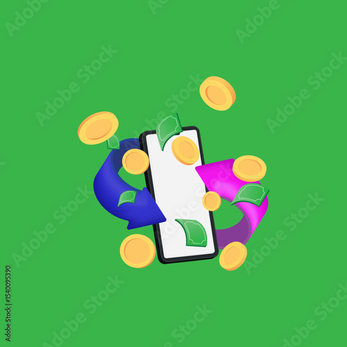 3D Online money transfer icon on online credit card 