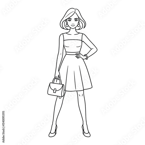 Elegant young woman posing in fashionable outfit with stylish handbag and modern bob hairstyle in black and white vector illustration