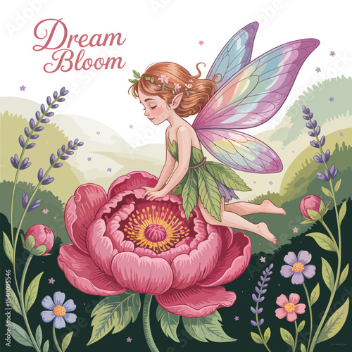 Enchanting fairy adorned with pastel rainbow wings perched on a lush pink peony in a dreamy garden setting illustrating nature and fantasy