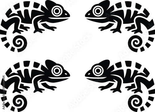 Four black chameleon silhouettes facing each other on a white background