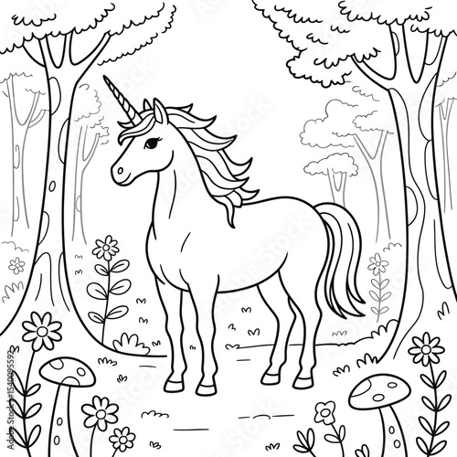 Enchanting black and white unicorn illustration standing in a peaceful forest scene surrounded by flowers and trees for coloring