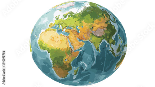 A cartoon illustration of a spherical Earth globe.  The continents are depicted in shades of green, yellow, and brown, while the oceans are blue. The style is simplistic and stylized, 