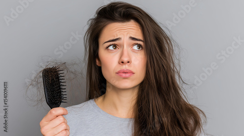 Close up woman holds a comb in her hands and fallen hair after combing, Worried woman holding hairbrush with hair. Head health problems, Problems of chemotherapy and radiation for cancer