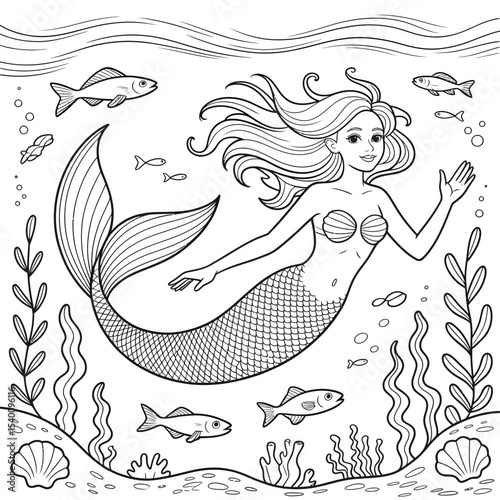 Enchanting mermaid in the ocean coloring page surrounded by fish and seaweed underwater scene for creative activities