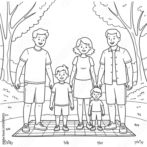 Family picnic illustration depicting parents and two children smiling and holding hands while enjoying time together outdoors on a picnic blanket with trees in the background