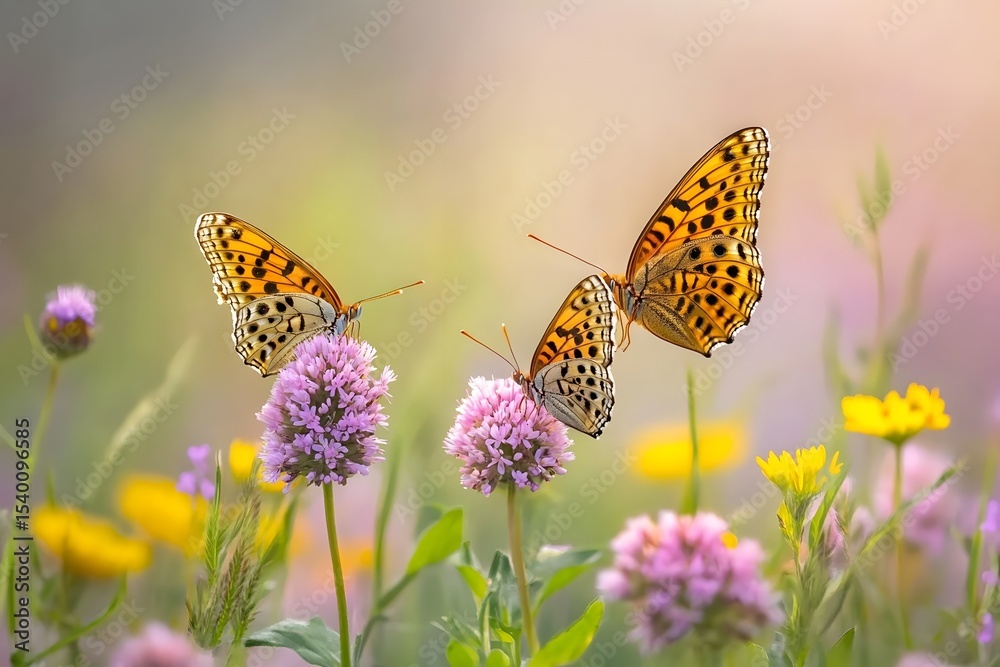 Obraz premium Butterflies resting on wildflowers in an open field