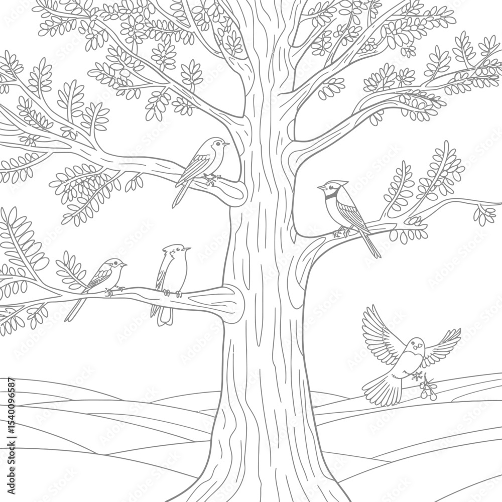 Fototapeta premium Illustration of a large tree with multiple birds perched on branches and a bird in flight coloring page