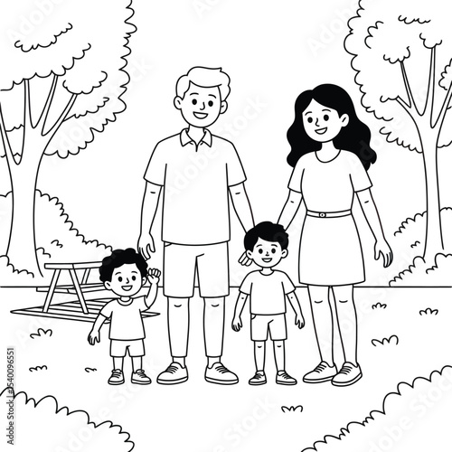 Happy family enjoying a day at the park in black and white illustration
