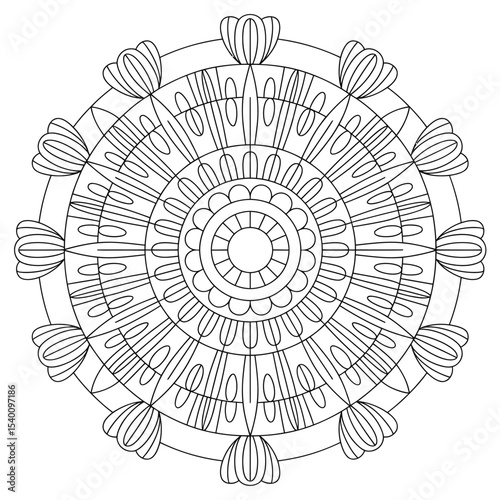Intricate black and white mandala design for relaxation coloring page meditation artistic symbol of spirituality and mindfulness