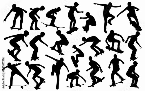 Silhouette illustration showcasing various skateboarders in dynamic action poses and tricks created with generated ai