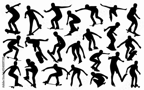 Silhouette collection of skateboarders performing various tricks and poses on skateboards in motion created with generated ai