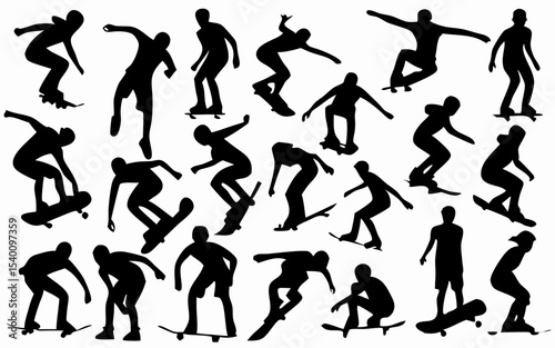 Silhouette collection of skateboarders performing various tricks and poses on a white background created with generated ai