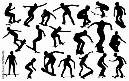 Silhouette illustration of multiple skateboarders performing various tricks and poses on their boards created with generated ai