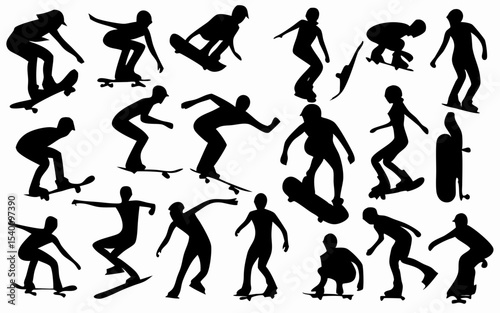 Silhouette illustration featuring various skateboarders performing different tricks and poses on skateboards created with generated ai