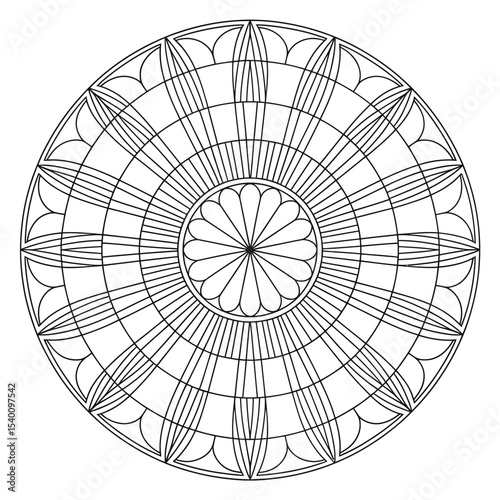 Intricate floral mandala design for coloring meditation and relaxation with ornamental geometric lines and symmetry