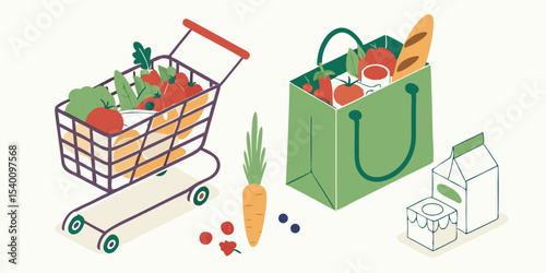 A festive red shopping cart filled with a diverse set of food and vegetable icons, perfect for holiday gift and Christmas market decorations