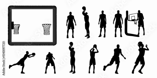 Silhouettes of basketball players in various poses with basketball hoops and a court outline image created with generated ai
