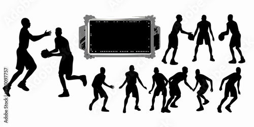 Silhouettes of basketball players in action with a scoreboard in the background on a white surface created with generated ai