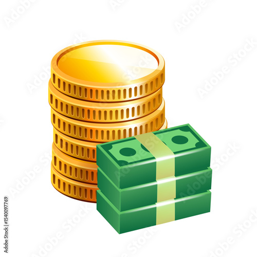 Gold coins and stacks with cash. Vector illustration isolated on white background.