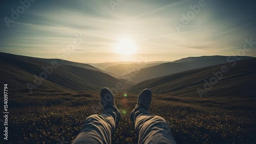 Person Resting With Feet Pointing Towards Sunset Over Rolling Hills With Golden Light