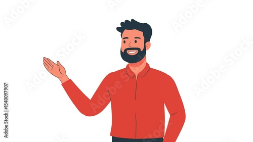 Smiling Cartoon Man Gesturing Upward, Animated Character in Red Shirt on White Background