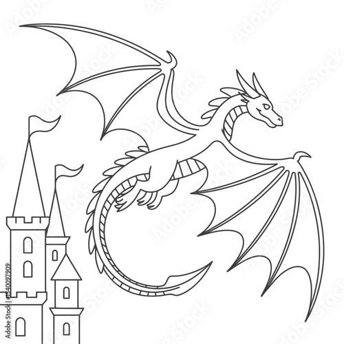 Line art illustration of a majestic dragon soaring in flight near a whimsical castle in a fantasy fairy tale setting ready for coloring or design projects.