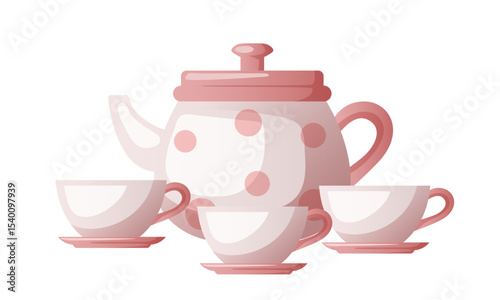 Tea-set. Teapot and three cups. Vector doodle clipart isolated on white background.