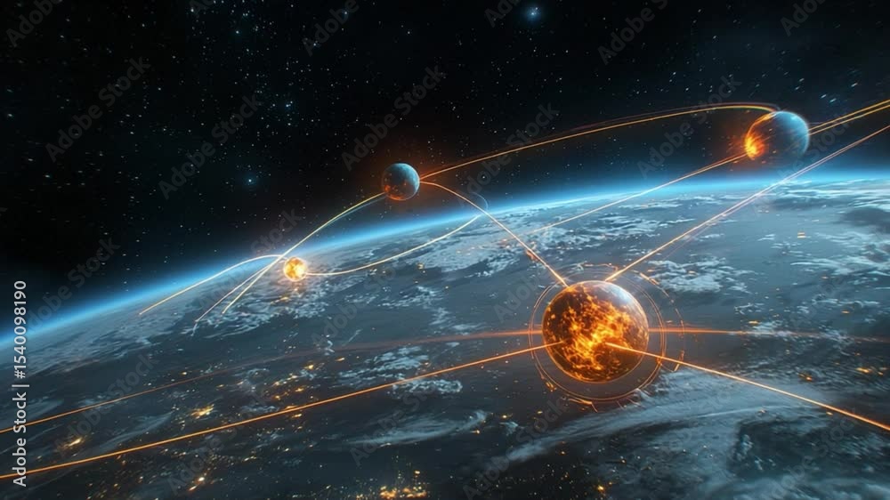 Futuristic Global Networks in Space with Energy Orbs Connecting Cities and Earth in Nighttime Environment