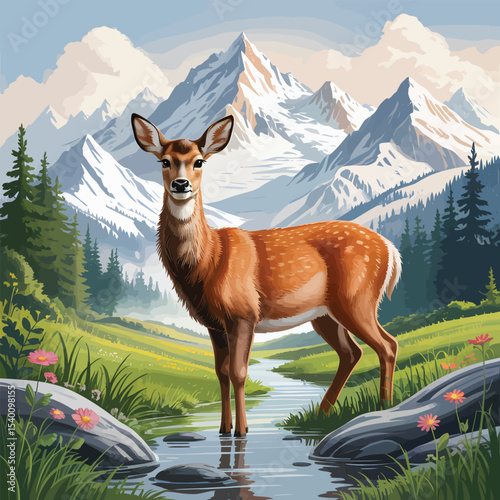 Majestic deer standing in a serene mountain landscape with a crystal clear stream flowing amidst lush greenery and snow capped peaks
