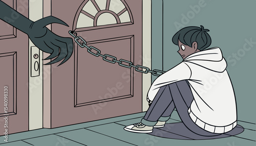 A young character sitting on the floor with their back turned to the entrance door, A spooky monster hand trying to unlock a chain lock, unsafe environment  