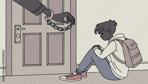 A young character sitting on the floor with their back turned to the entrance door, A spooky monster hand trying to unlock a chain lock, unsafe environment  
