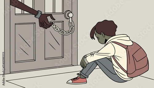 A young character sitting on the floor with their back turned to the entrance door, A spooky monster hand trying to unlock a chain lock, unsafe environment  