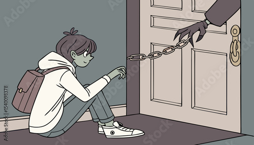 A young character sitting on the floor with their back turned to the entrance door, A spooky monster hand trying to unlock a chain lock, unsafe environment  