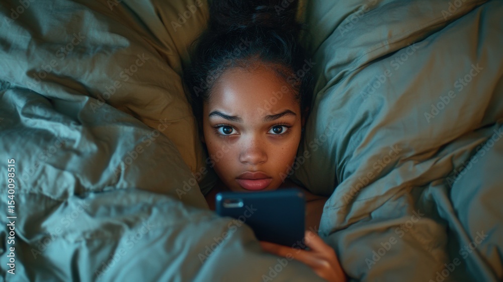 Teenag girl lies in bed staring at a smartphone, isolated in digital routine, disconnected from the world around them Teenag girl lies in bed staring at a smartphone, isolated in digital routine, disconnected from the world around them