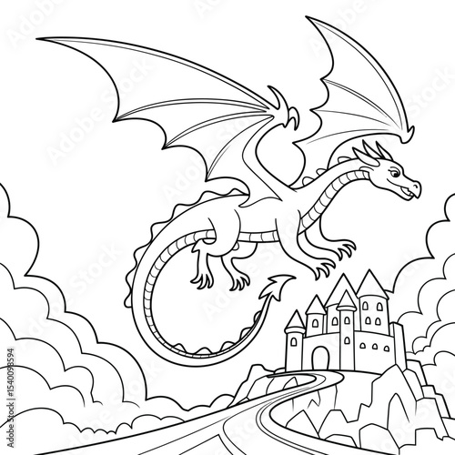 Majestic dragon soaring above a castle on a hillside illustration for coloring books and educational materials fantasy creatures and adventures