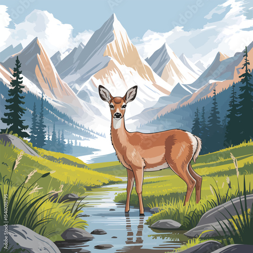 Majestic doe standing gracefully in a mountain stream surrounded by lush greenery and towering peaks a captivating wildlife scene