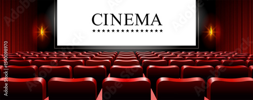 Cinema hall with screen. Rows of seats, red cinema chairs. Theater scene. Movie theatre vector