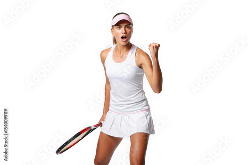 Triumphant Tennis Player, Celebrating Victory, Dynamic Pose, White Background, Studio Shot, Athlete, Sport, Winning, Excitement, Energy, Success