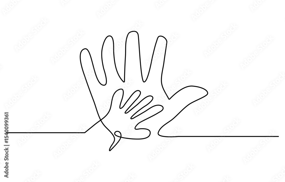 Obraz premium One continuous line drawing of baby kid hand holding mom dad parents hands. son daughter grab mommy daddy hand. family doodle outline art line vector illustration